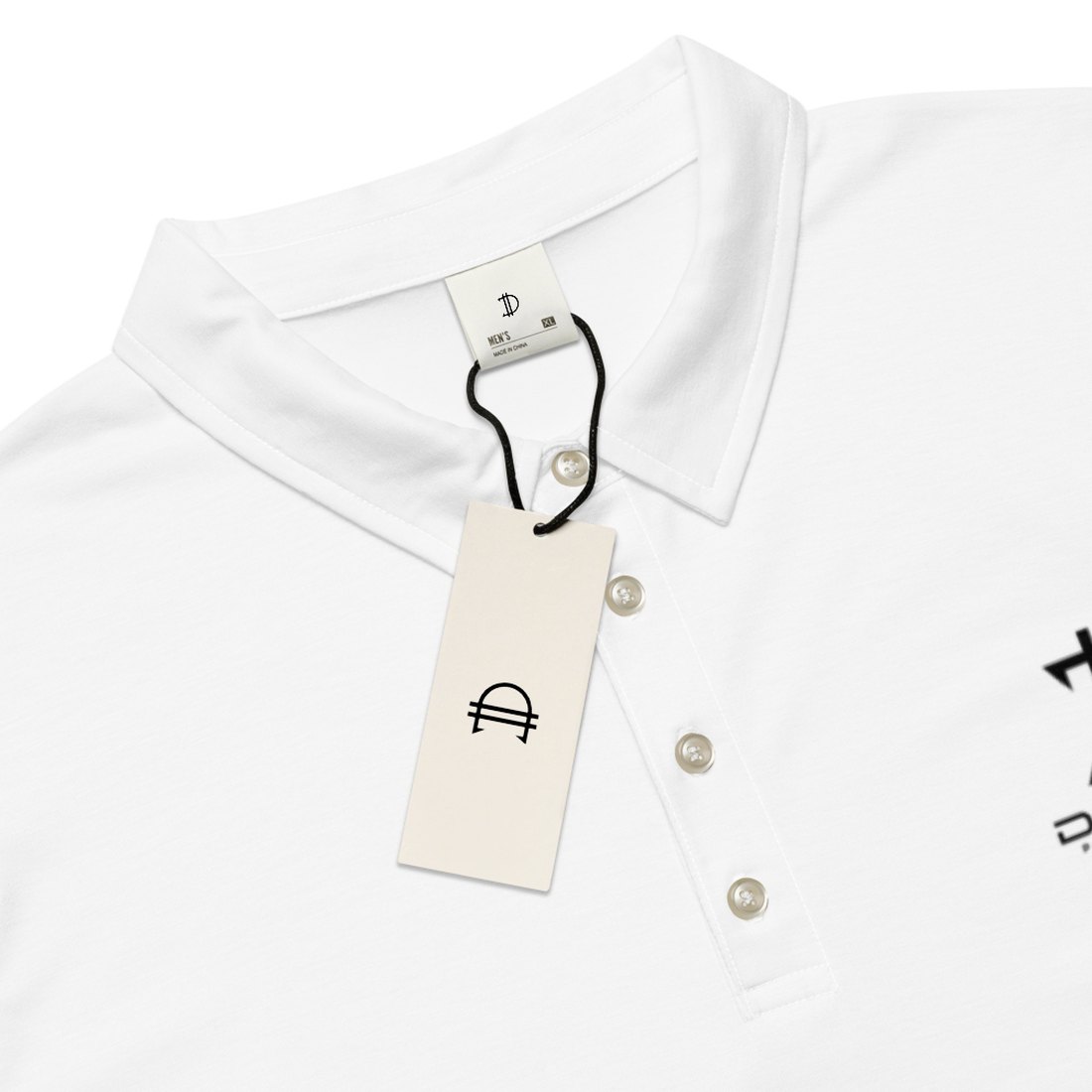 Close-up of the white polo collar showing the woven Dollar Performance neck label and a cream hangtag carrying the monogram.