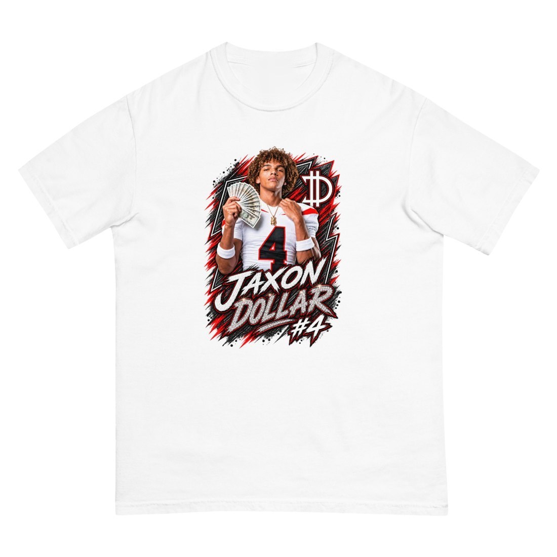 White t-shirt with a photo graphic of Jaxon Dollar in a number four jersey framed by red and black brush strokes above his name.
