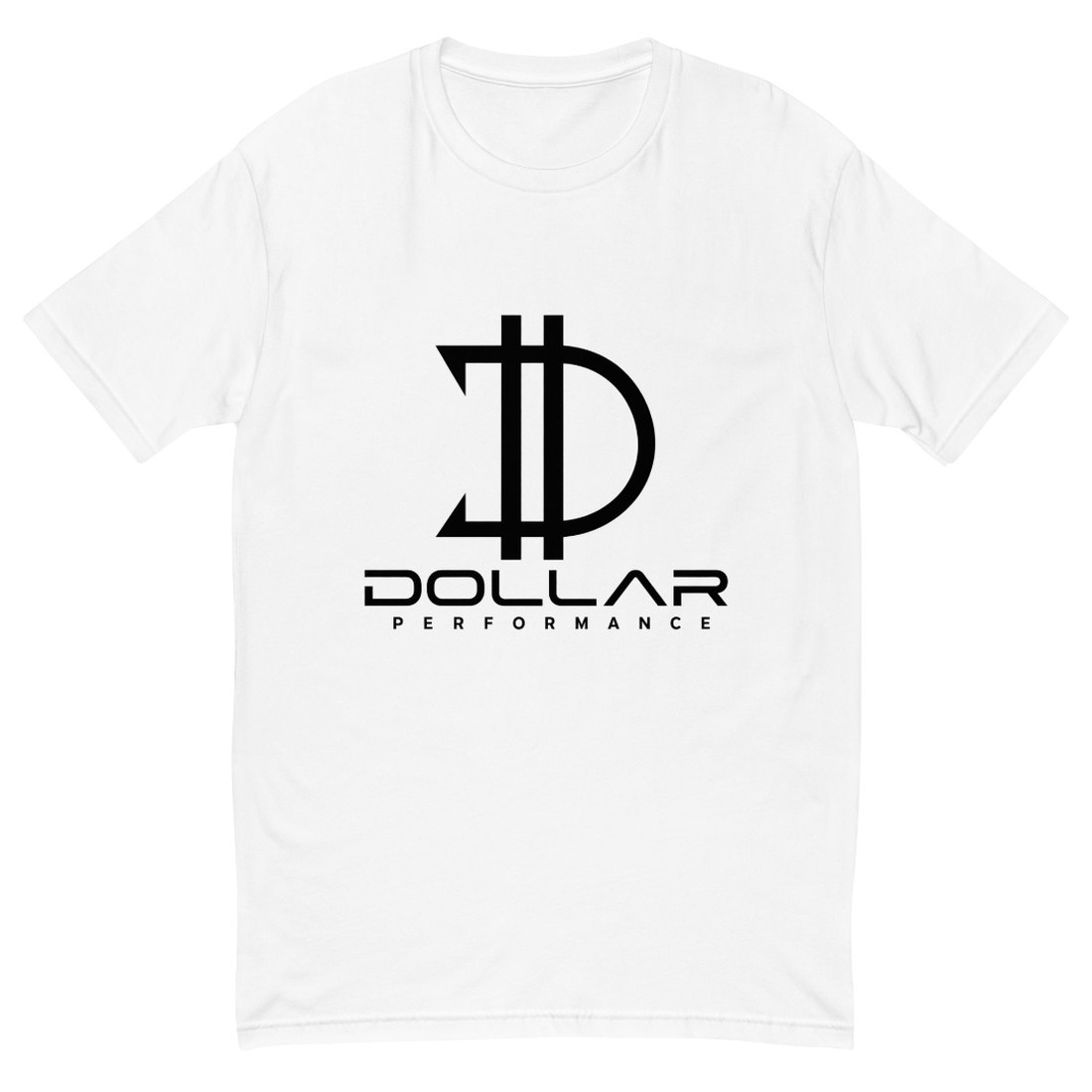 White crew-neck t-shirt laid flat with the black stacked Dollar Performance logo centered on the chest.